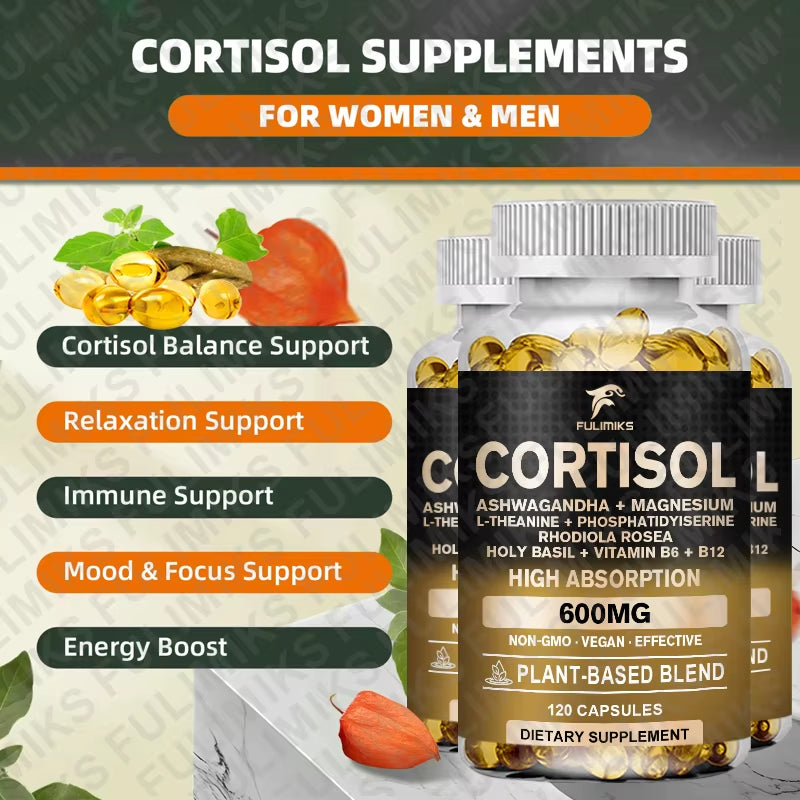 Cortisol Supplement, Holy Basil | Ashwagandha | Rhodiola | L-Theanine, Plant-Based Hormone Balance - Mood, Focus & Sleep Support