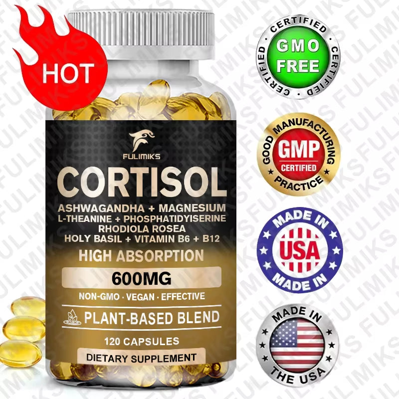 Cortisol Supplement, Holy Basil | Ashwagandha | Rhodiola | L-Theanine, Plant-Based Hormone Balance - Mood, Focus & Sleep Support