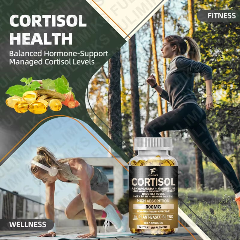 Cortisol Supplement, Holy Basil | Ashwagandha | Rhodiola | L-Theanine, Plant-Based Hormone Balance - Mood, Focus & Sleep Support