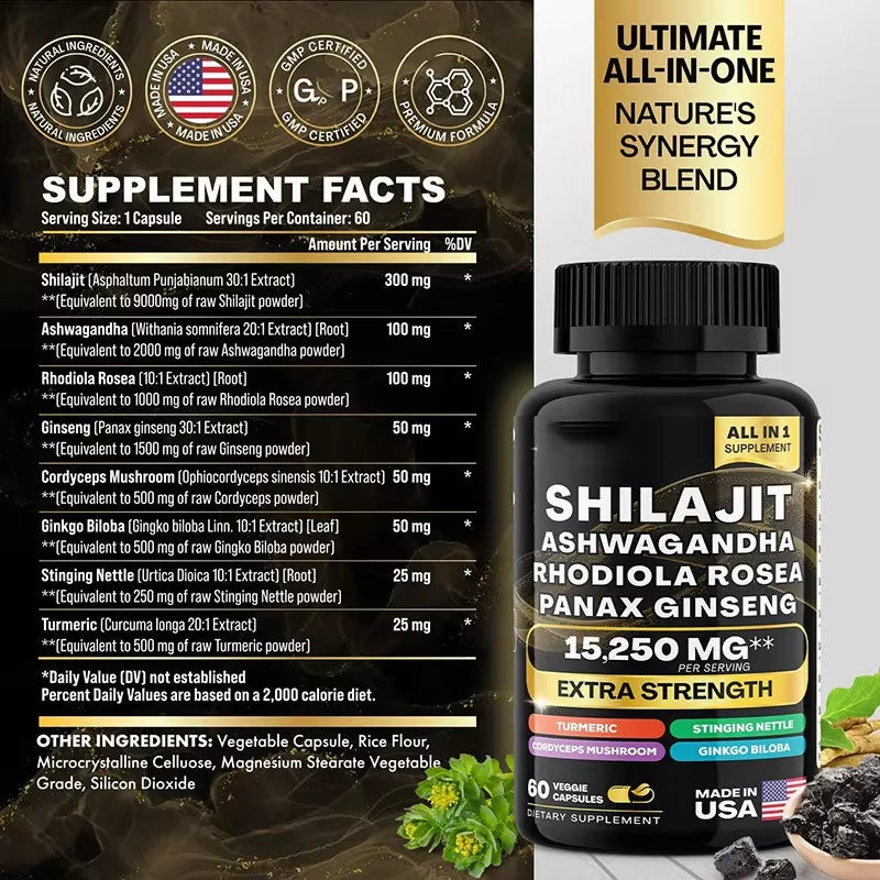 15250Mg Pure Shilajit Himalayan Capsules with Maca Ginseng Ashwagandha Turmeric, Energy Supplement Muscle Mass Endurance