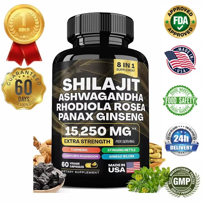 15250Mg Pure Shilajit Himalayan Capsules with Maca Ginseng Ashwagandha Turmeric, Energy Supplement Muscle Mass Endurance