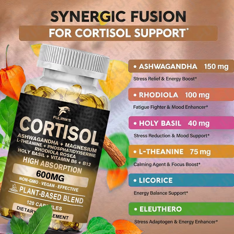 Cortisol Supplement, Holy Basil | Ashwagandha | Rhodiola | L-Theanine, Plant-Based Hormone Balance - Mood, Focus & Sleep Support