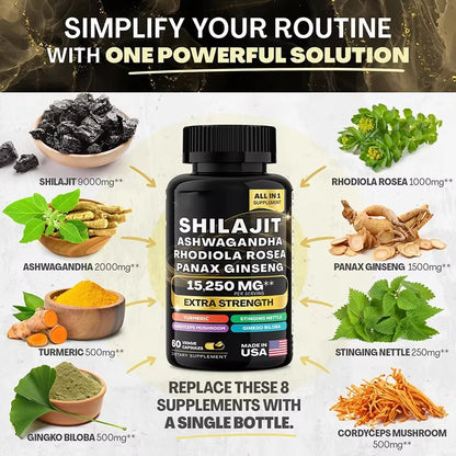 15250Mg Pure Shilajit Himalayan Capsules with Maca Ginseng Ashwagandha Turmeric, Energy Supplement Muscle Mass Endurance