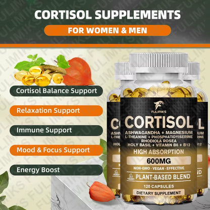 Cortisol Supplement, Holy Basil | Ashwagandha | Rhodiola | L-Theanine, Plant-Based Hormone Balance - Mood, Focus & Sleep Support