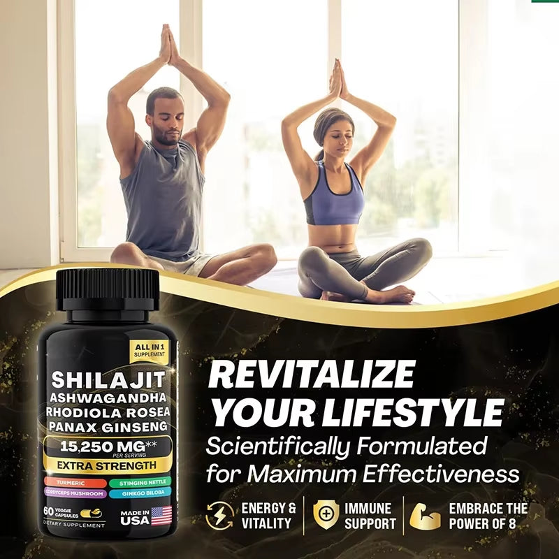 15250Mg Pure Shilajit Himalayan Capsules with Maca Ginseng Ashwagandha Turmeric, Energy Supplement Muscle Mass Endurance