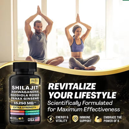 15250Mg Pure Shilajit Himalayan Capsules with Maca Ginseng Ashwagandha Turmeric, Energy Supplement Muscle Mass Endurance