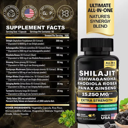 15250Mg Pure Shilajit Himalayan Capsules with Maca Ginseng Ashwagandha Turmeric, Energy Supplement Muscle Mass Endurance