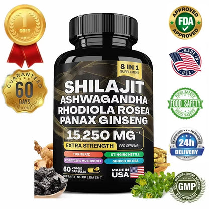 15250Mg Pure Shilajit Himalayan Capsules with Maca Ginseng Ashwagandha Turmeric, Energy Supplement Muscle Mass Endurance