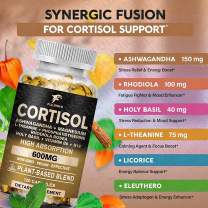 Cortisol Supplement, Holy Basil | Ashwagandha | Rhodiola | L-Theanine, Plant-Based Hormone Balance - Mood, Focus & Sleep Support
