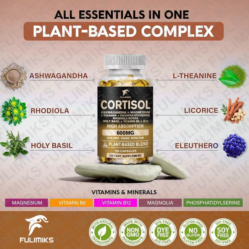 Cortisol Supplement, Holy Basil | Ashwagandha | Rhodiola | L-Theanine, Plant-Based Hormone Balance - Mood, Focus & Sleep Support