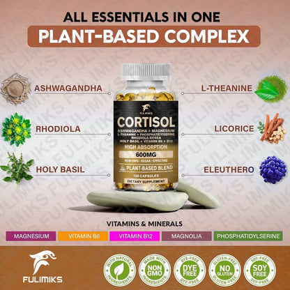 Cortisol Supplement, Holy Basil | Ashwagandha | Rhodiola | L-Theanine, Plant-Based Hormone Balance - Mood, Focus & Sleep Support